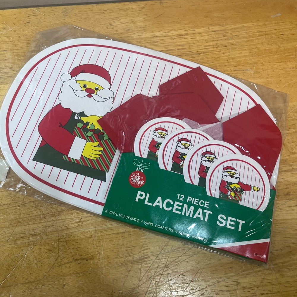 Santa's Favorites Placemat Set 12pc Red Vtg Christmas Santa Vinyl Coasters